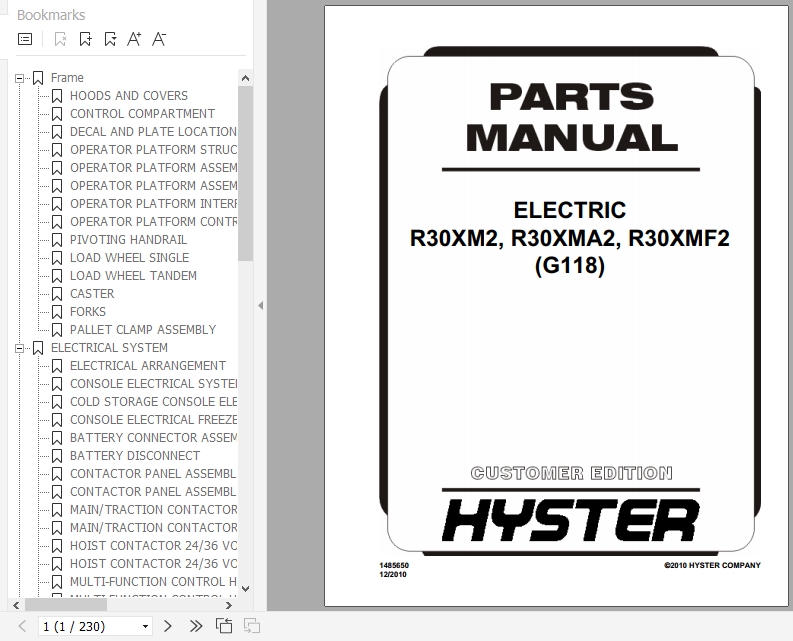 Hyster Electric Motor Narrow Aisle Trucks G118 R30XM2 R30XMA2 R30XMF2 Parts Manual 1485650 1