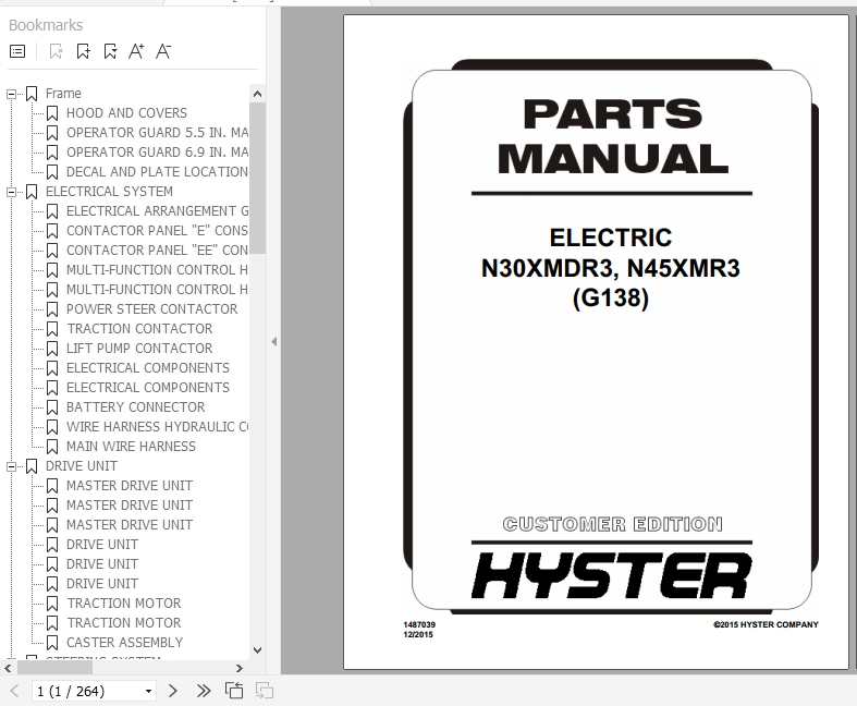 Hyster Electric Motor Narrow Aisle Trucks G138 N30XMDR3 N45XMR3 Parts Manual 1487039 1