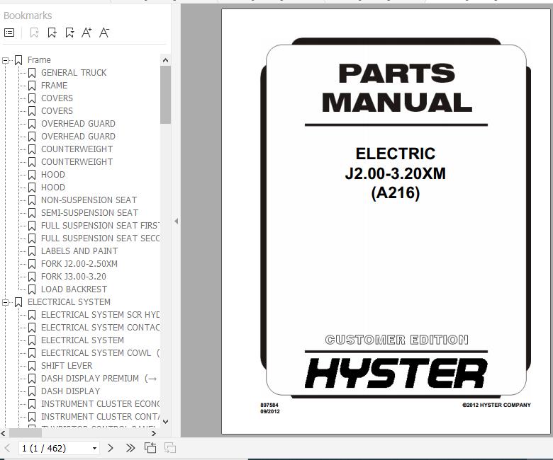Hyster Electric Motor Rider Trucks A216 J2.00 3.20XM Parts Manual 897584 2