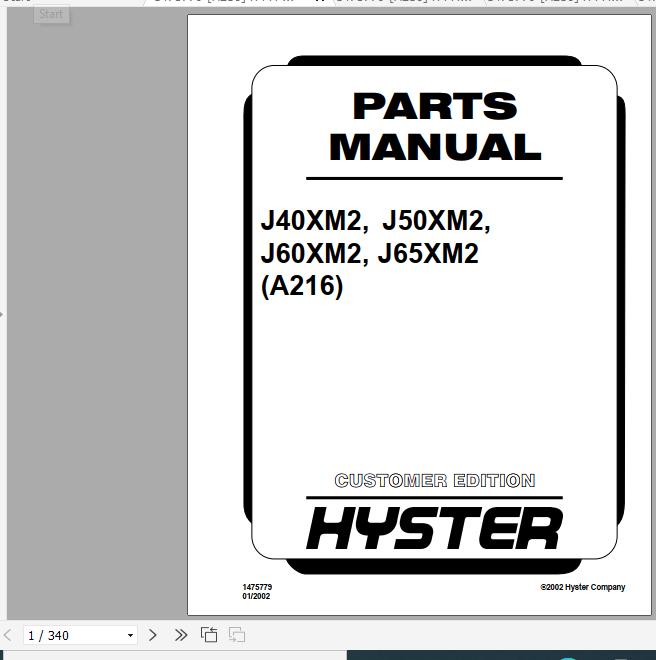Hyster Electric Motor Rider Trucks A216 J40 60XM2 Parts Manual 1475779 2