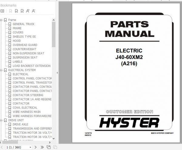 Hyster Electric Motor Rider Trucks A216 J40 60XM2 Parts Manual 1475779 3