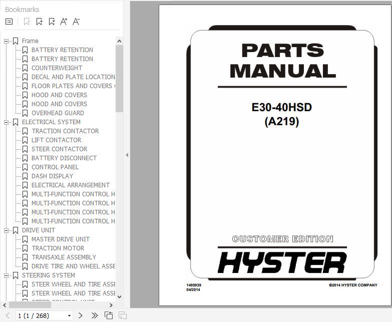 Hyster Electric Motor Rider Trucks A219 E30 40HSD Parts Manual 1495939 2