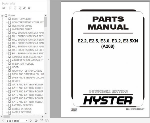 Hyster Electric Motor Rider Trucks A268 E2.2 E2.5 E3.0 E3.2 E3.5XN Parts Manual 1688836 1