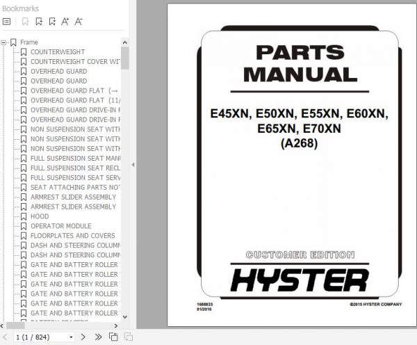 Hyster Electric Motor Rider Trucks A268 E45XN E50XN E55XN E60XN E65XN E70XN Parts Manual 1688833 1