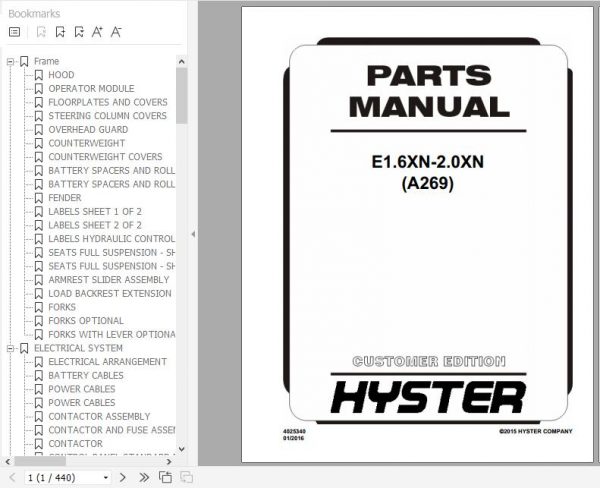 Hyster Electric Motor Rider Trucks A269 E1.6XN 2.0XN Parts Manual 4025340 1