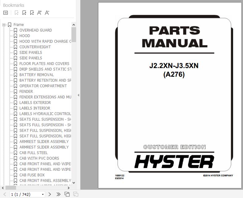 Hyster Electric Motor Rider Trucks A276 J2.2XN J3.5XN Parts Manual 1689122 1