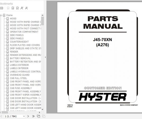 Hyster Electric Motor Rider Trucks A276 J45 70XN Parts Manual 1689119 1