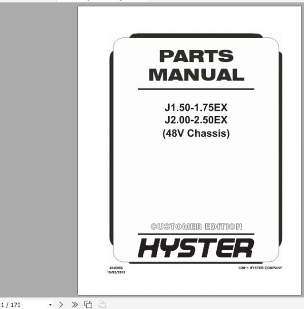 Hyster Electric Motor Rider Trucks A401 A402 J1.50 1.75EX J2.00 2.50 EX Parts Manual 4046066 1
