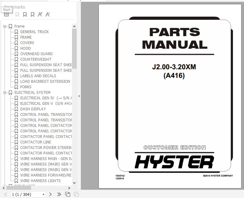 Hyster Electric Motor Rider Trucks A416 J2.00 3.20XM Parts Manual 1534742 1