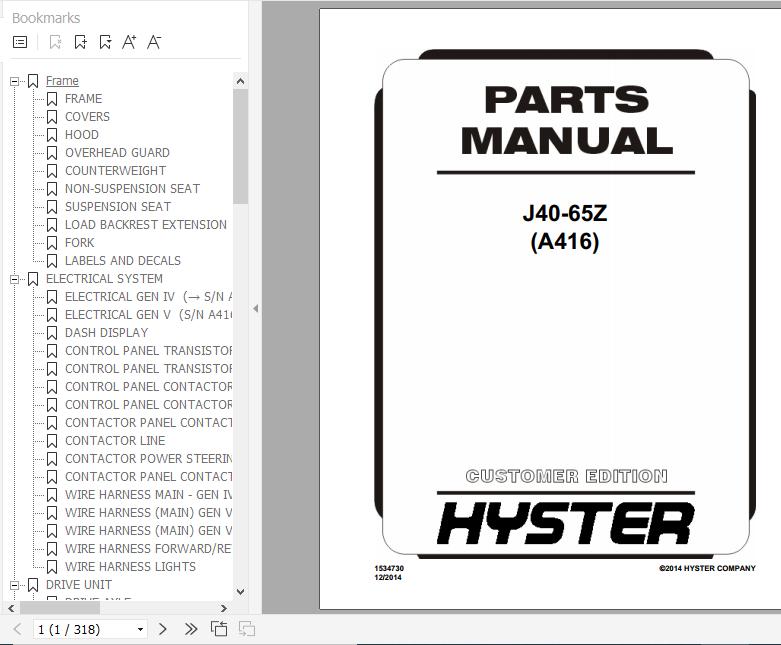 Hyster Electric Motor Rider Trucks A416 J40 65Z Parts Manual 1534730 1