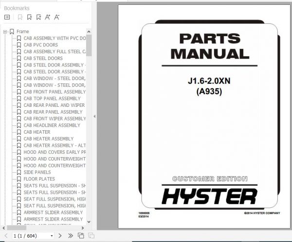 Hyster Electric Motor Rider Trucks A935 J1.6 2.0XN Europe Parts Manual 1690088 1
