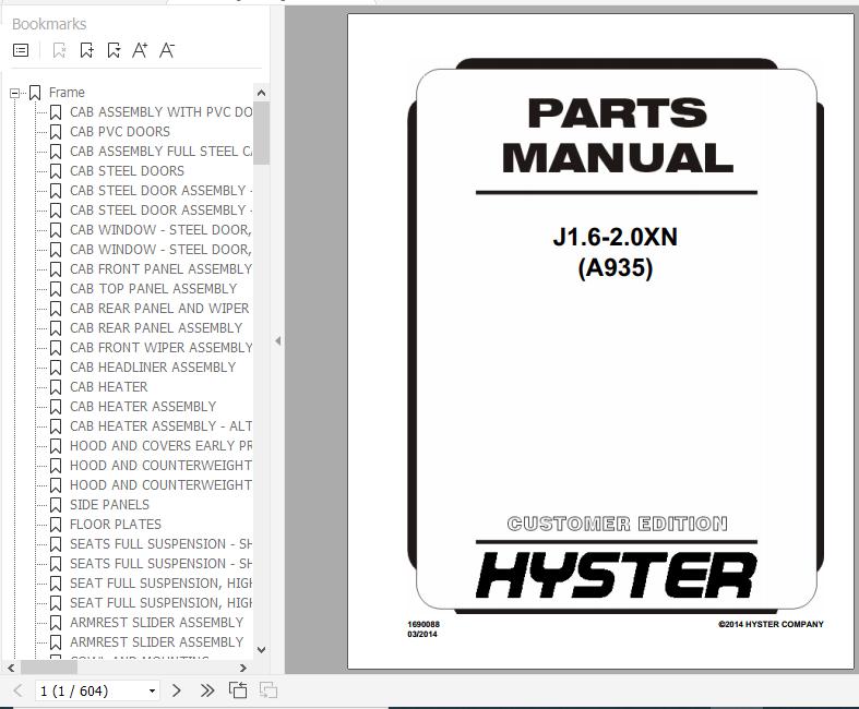 Hyster Electric Motor Rider Trucks A935 J1.6 2.0XN Europe Parts Manual 1690088 1