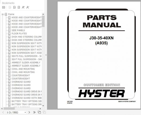 Hyster Electric Motor Rider Trucks A935 J30 35 40XN Parts Manual 4011253 1