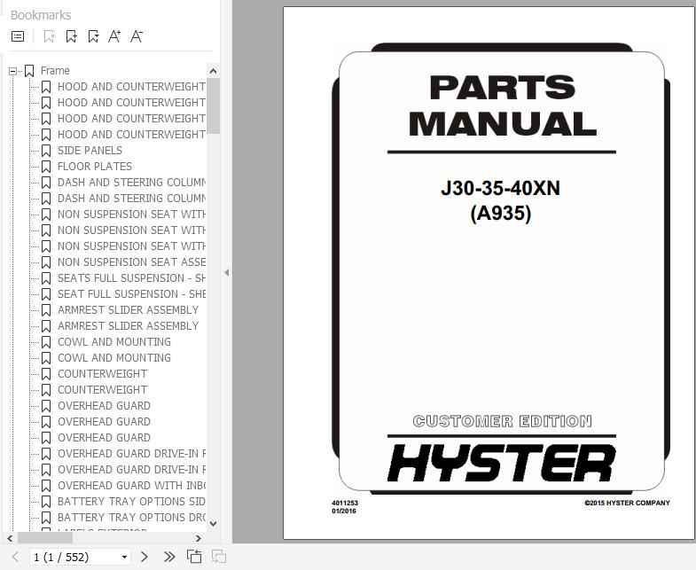 Hyster Electric Motor Rider Trucks A935 J30 35 40XN Parts Manual 4011253 1