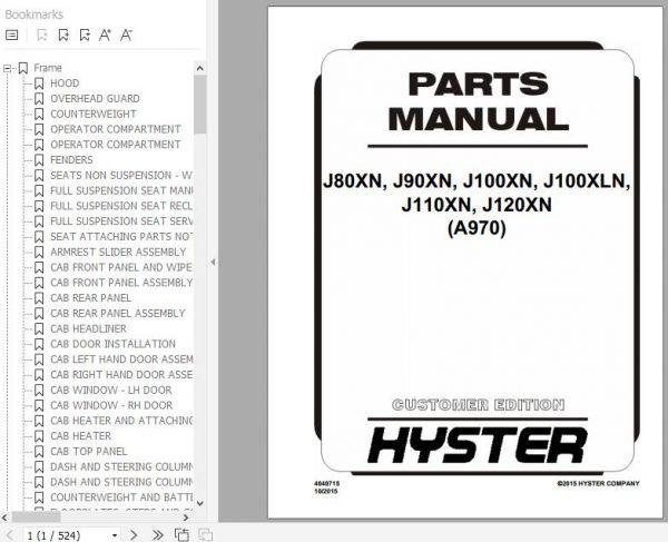 Hyster Electric Motor Rider Trucks A970 J80XNJ90XNJ100XNJ100XLNJ110XNJ120XN Parts Manual 4040715 1