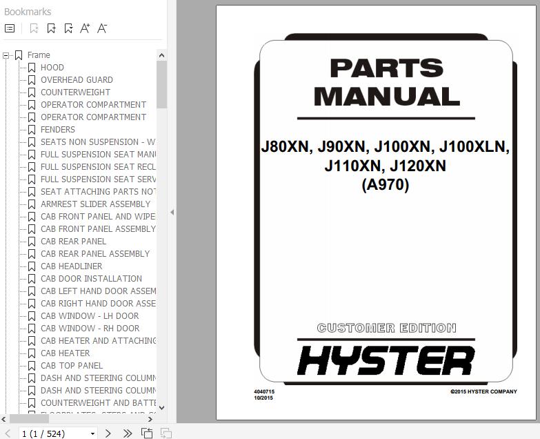 Hyster Electric Motor Rider Trucks A970 J80XNJ90XNJ100XNJ100XLNJ110XNJ120XN Parts Manual 4040715 1
