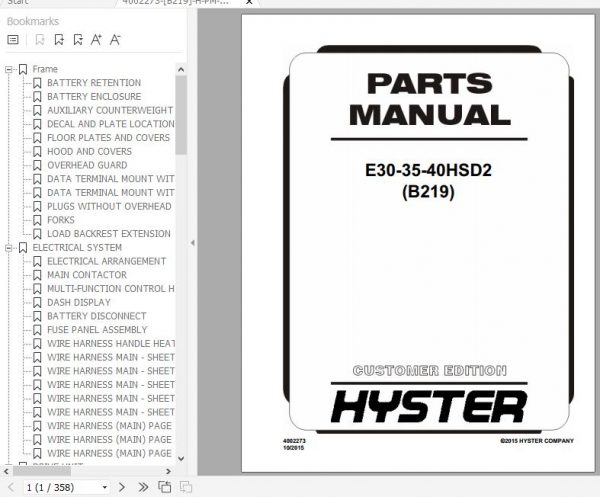 Hyster Electric Motor Rider Trucks B219 E30 35 40HSD2 Parts Manual 4002273 1