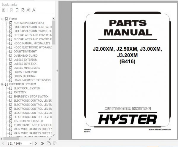 Hyster Electric Motor Rider Trucks B416 J2.00XM J2.50XM J3.00XM J3.20XM Europe Parts Manual 1616870 1