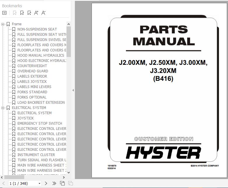 Hyster Electric Motor Rider Trucks B416 J2.00XM J2.50XM J3.00XM J3.20XM Europe Parts Manual 1616870 1
