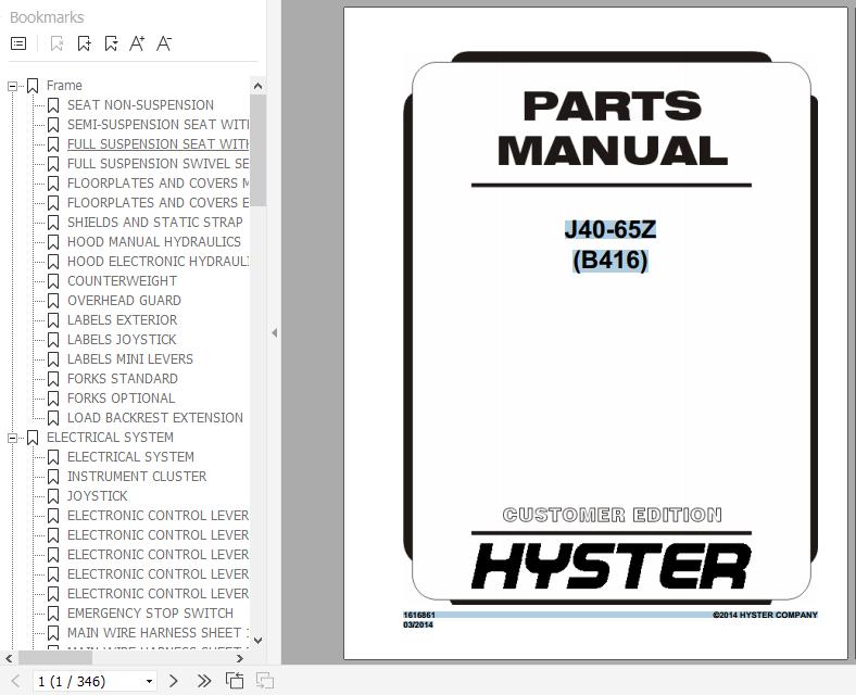 Hyster Electric Motor Rider Trucks B416 J40 65Z Parts Manual 1616861 1
