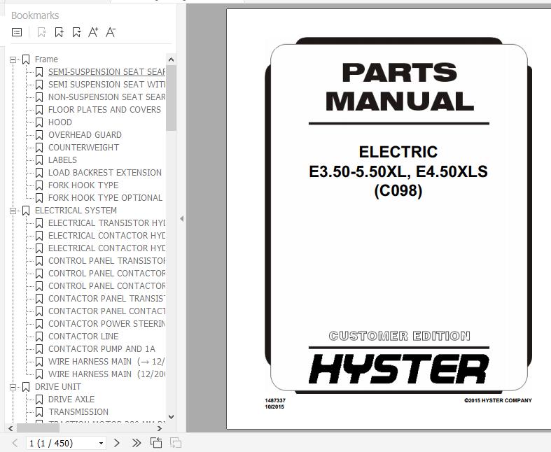 Hyster Electric Motor Rider Trucks C098 E3.50 5.50XL E4.50XLS Europe Parts Manual 1487337 1