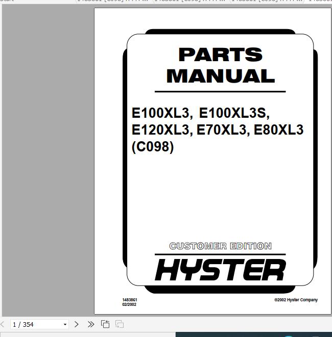 Hyster Electric Motor Rider Trucks C098 E80 120XL3 E100XL3S Parts Manual 1483861 1