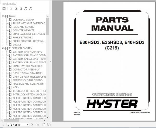 Hyster Electric Motor Rider Trucks C219 E30HSD3 E35HSD3 E40HSD3 Parts Manual Hyster 4131324 1