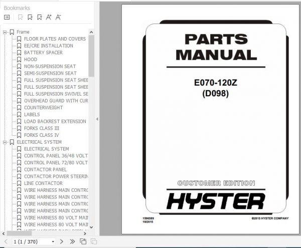 Hyster Electric Motor Rider Trucks D098 E070 120Z Parts Manual 1596589 1