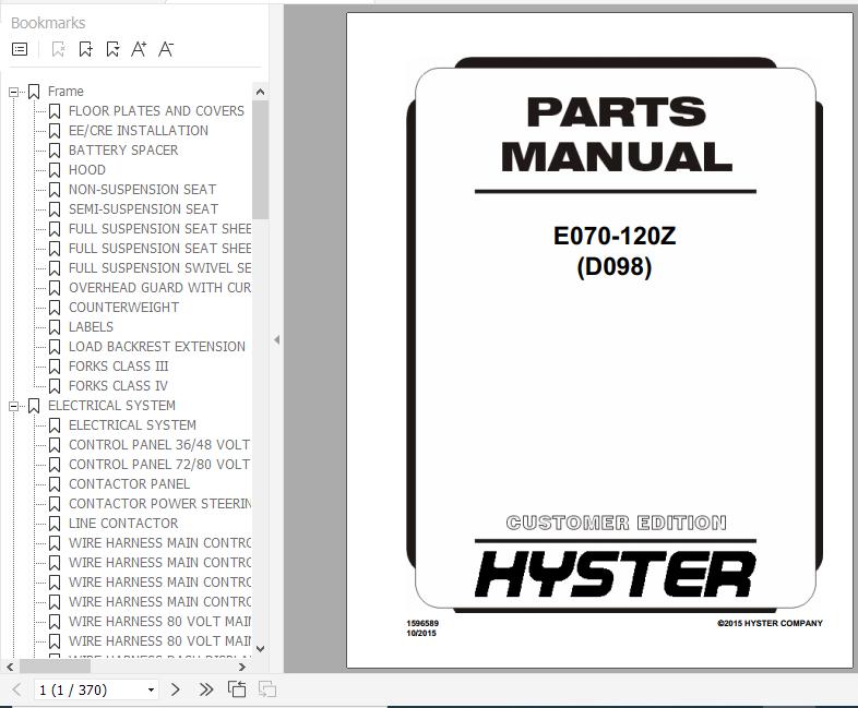 Hyster Electric Motor Rider Trucks D098 E070 120Z Parts Manual 1596589 1