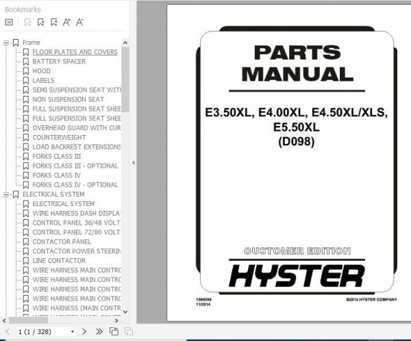Hyster Electric Motor Rider Trucks D098 E3.50XL E4.00XL E4.50XL XLS E5.50XL Parts Manual 1596590 1