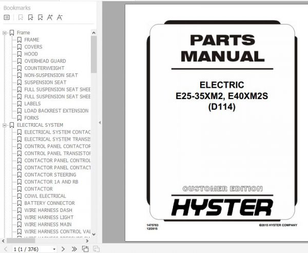 Hyster Electric Motor Rider Trucks D114 E25 35XM2 E40XM2S Parts Manual 1475783 1
