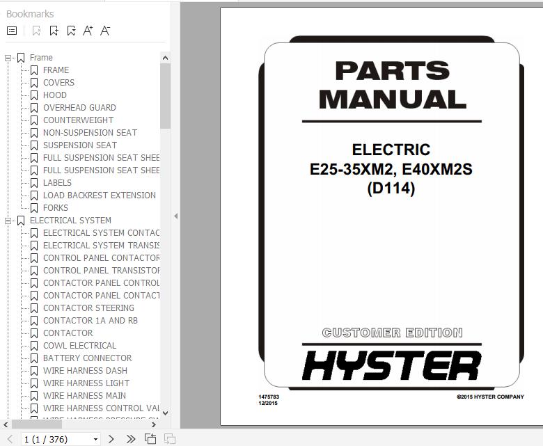 Hyster Electric Motor Rider Trucks D114 E25 35XM2 E40XM2S Parts Manual 1475783 1