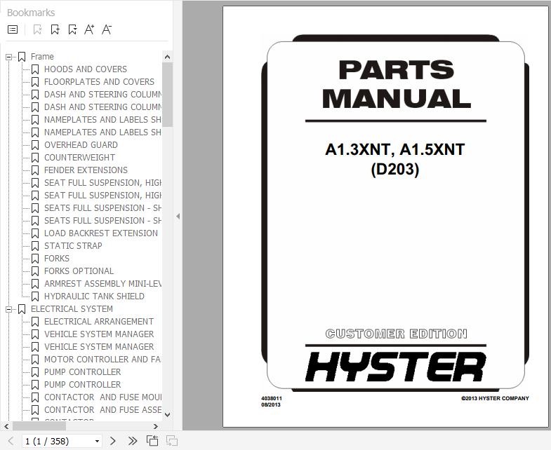 Hyster Electric Motor Rider Trucks D203 A1.3XNT A1.5XNT Parts Manual 4038011 1