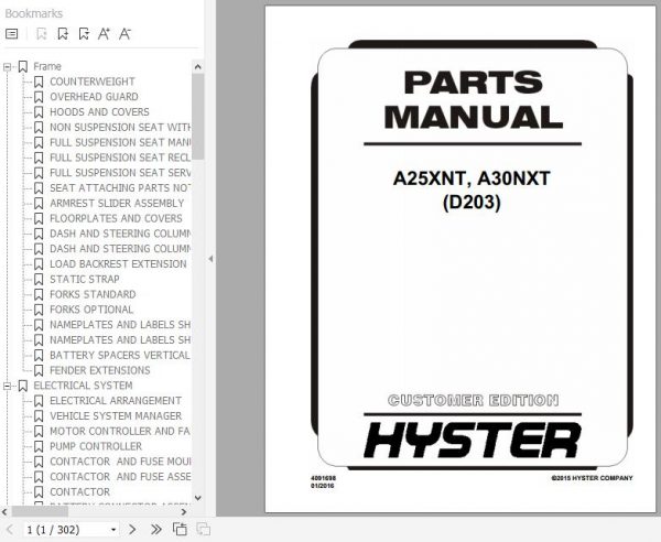 Hyster Electric Motor Rider Trucks D203 A25XNT A30NXT Parts Manual 4091698 1