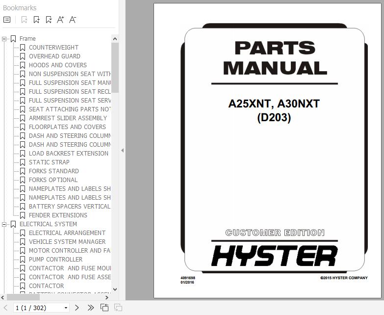 Hyster Electric Motor Rider Trucks D203 A25XNT A30NXT Parts Manual 4091698 1