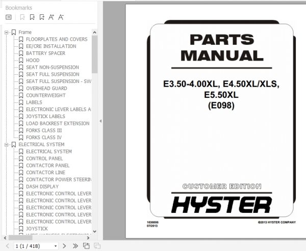 Hyster Electric Motor Rider Trucks E098 E3.50 4.00XL E4.50XLXLS E5.50XL Europe Parts Manual 1636006 1
