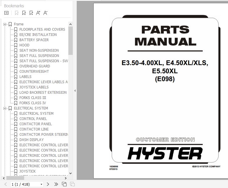 Hyster Electric Motor Rider Trucks E098 E3.50 4.00XL E4.50XLXLS E5.50XL Europe Parts Manual 1636006 1