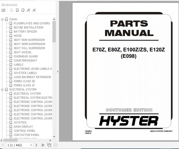 Hyster Electric Motor Rider Trucks E098 E70Z E80Z E100ZZS E120Z Parts Manual 1636002 1