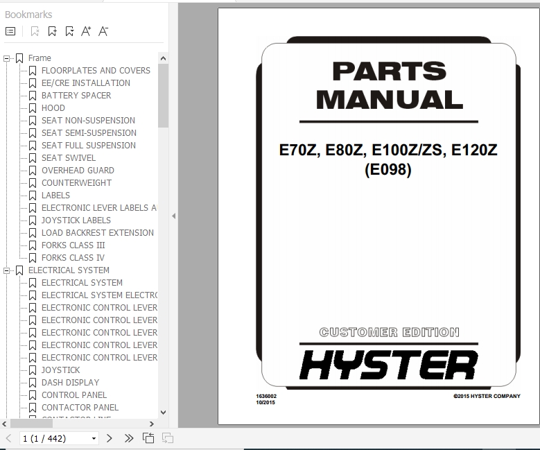 Hyster Electric Motor Rider Trucks E098 E70Z E80Z E100ZZS E120Z Parts Manual 1636002 1