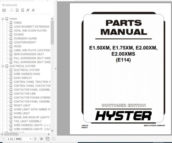 Hyster Electric Motor Rider Trucks E114 E1.50XM E1.75XM E2.00XM E2.00XMS Europe Parts Manual 1552145 1
