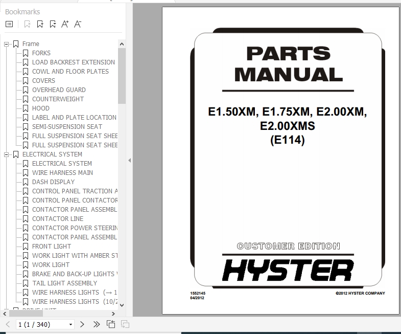 Hyster Electric Motor Rider Trucks E114 E1.50XM E1.75XM E2.00XM E2.00XMS Europe Parts Manual 1552145 1