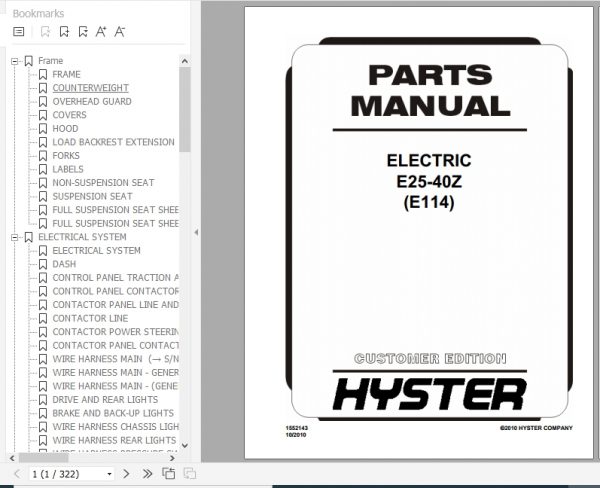 Hyster Electric Motor Rider Trucks E114 E25 40Z Parts Manual 1552143 1