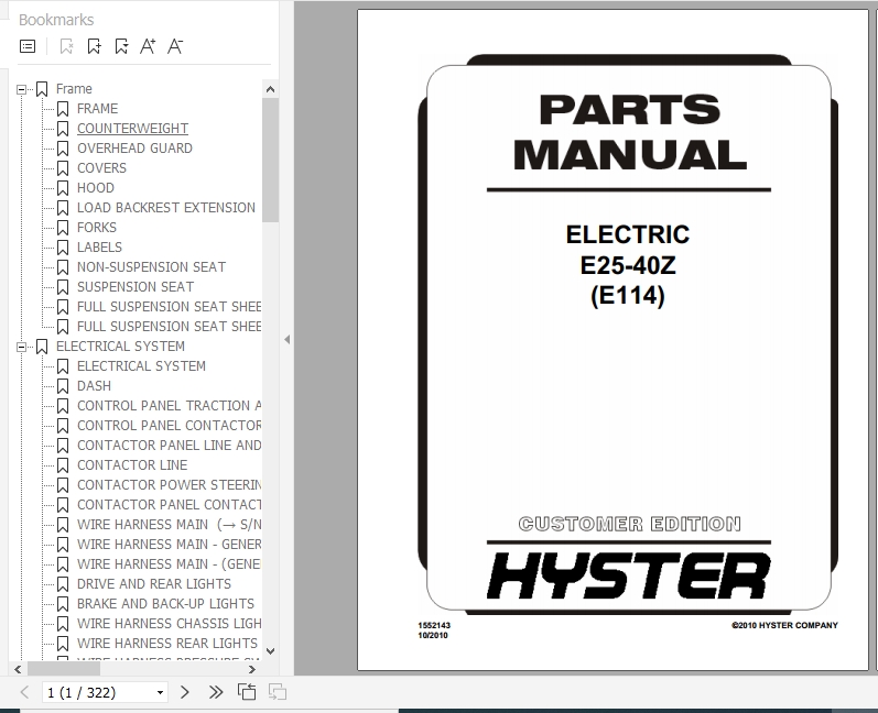Hyster Electric Motor Rider Trucks E114 E25 40Z Parts Manual 1552143 1