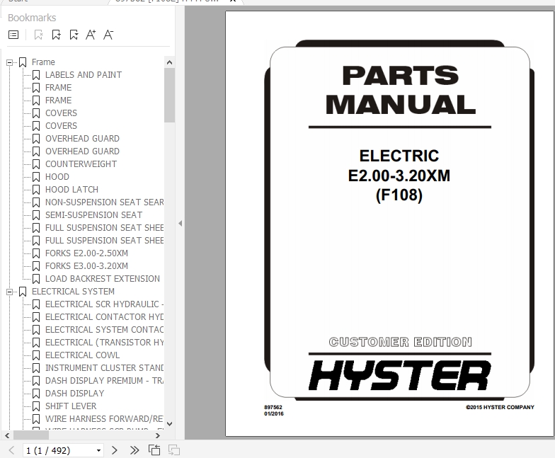 Hyster Electric Motor Rider Trucks F108 E2.00 3.20XM Europe Parts Manual 897562 1