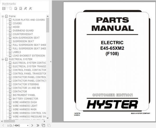Hyster Electric Motor Rider Trucks F108 E45 65XM2 Parts Manual 1475778 1