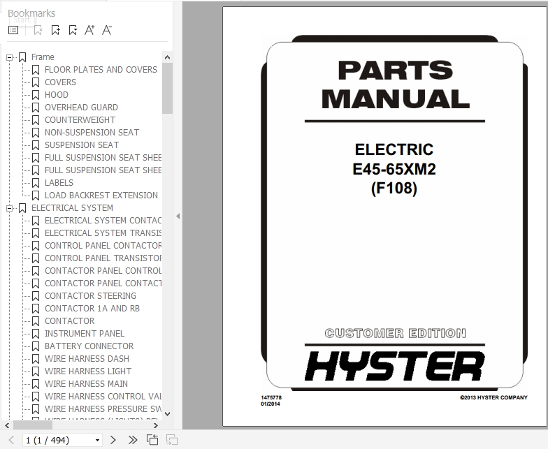 Hyster Electric Motor Rider Trucks F108 E45 65XM2 Parts Manual 1475778 1