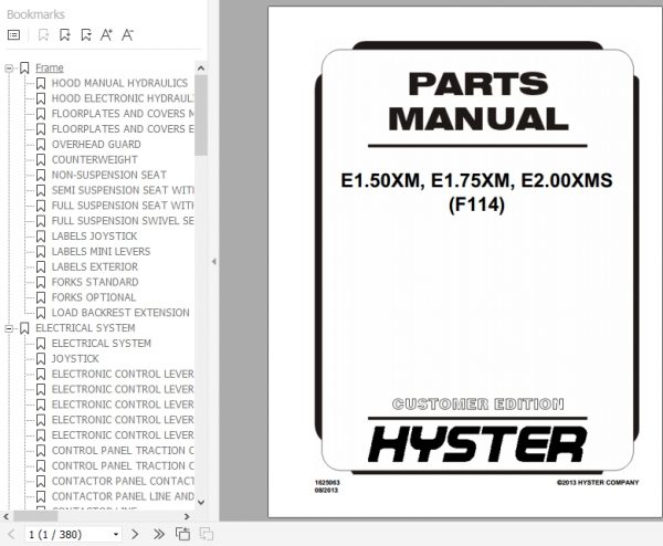 Hyster Electric Motor Rider Trucks F114 E1.50XM E1.75XM E2.00XMS Europe Parts Manual 1625063 1