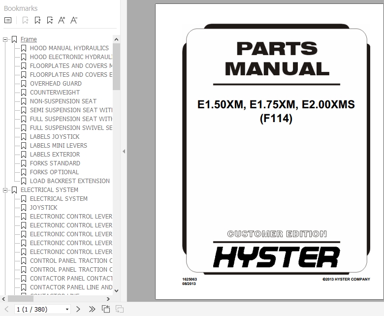 Hyster Electric Motor Rider Trucks F114 E1.50XM E1.75XM E2.00XMS Europe Parts Manual 1625063 1