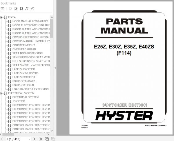 Hyster Electric Motor Rider Trucks F114 E25Z E30Z E35Z E40ZS Parts Manual 1625062 1
