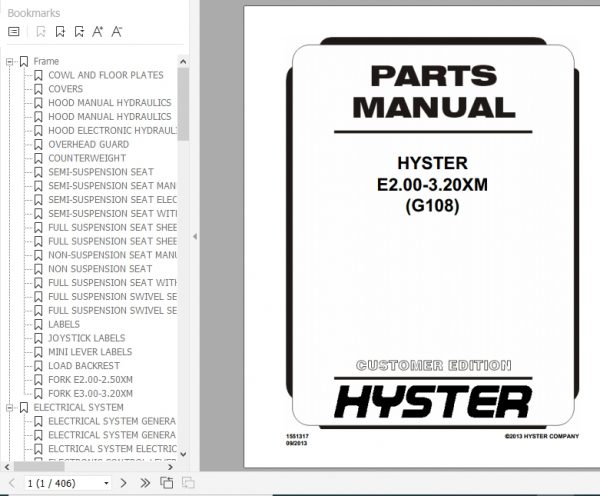 Hyster Electric Motor Rider Trucks G108 E2.00 3.20XM Europe Parts Manual 1551317 1